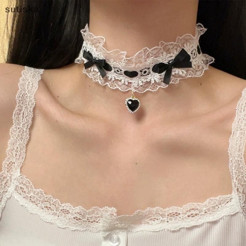 sutiska Gargantilha De Renda Curta Nekclace Para Mulheres Menina Moda Lolitas Coração Pingente Colar Gótico Presente Fes