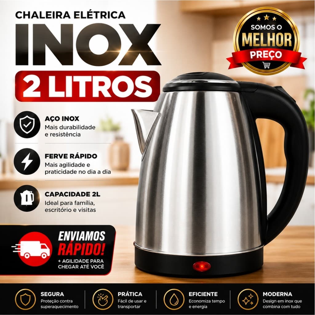 Chaleira Elétrica 2 Litros Inox Desligamento Automático Aquecimento Rápido Café Chá Água Quente