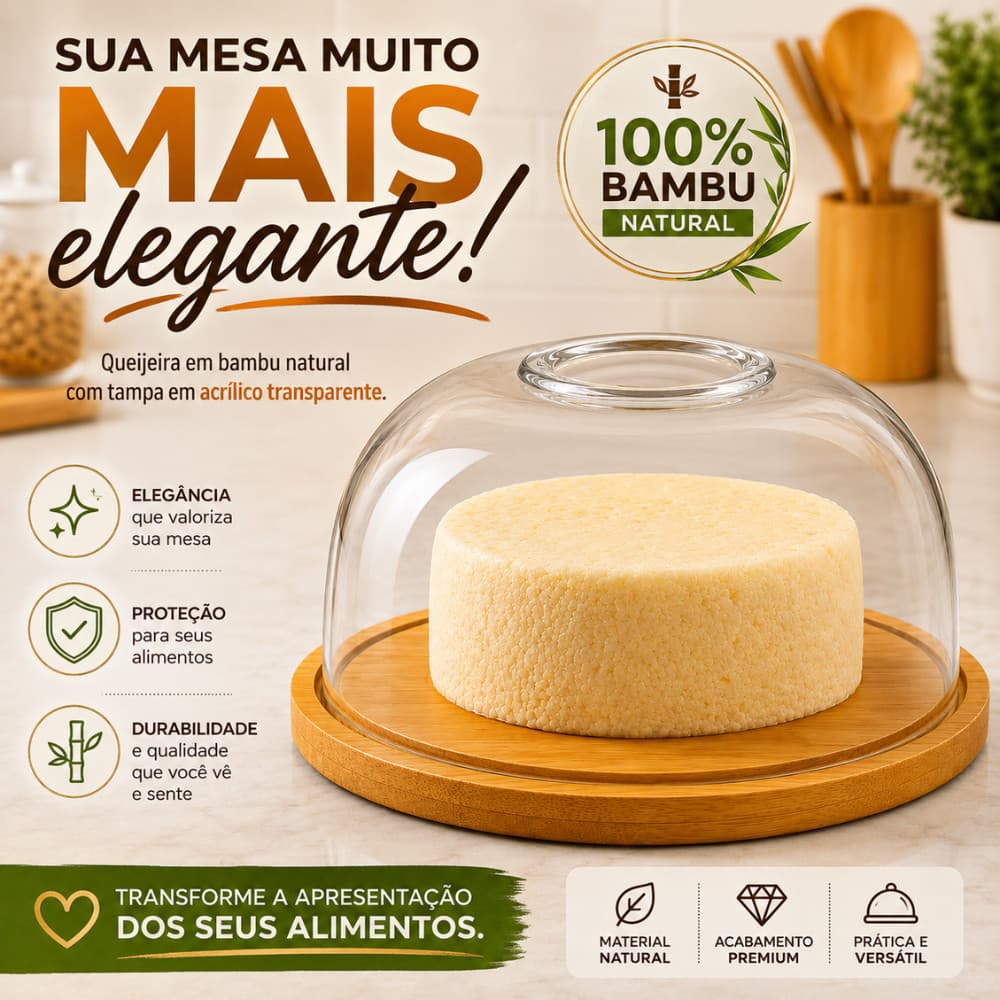 Porta Queijo Queijeira Bambu com Tampa Acrílica Redonda Quejios e Frios Cozinha Madeira Gourmet C/A!