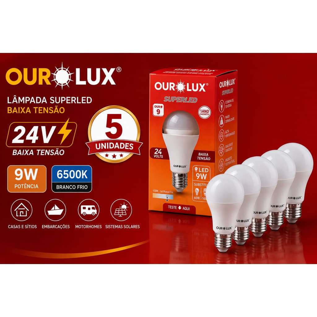 5 / 3 / 2  Lâmpada Bulbo 24V 9W Superled Baixa Tensão E27 Branco Frio Ourolux Onibus Barco Bateria  24 VOLTS DC