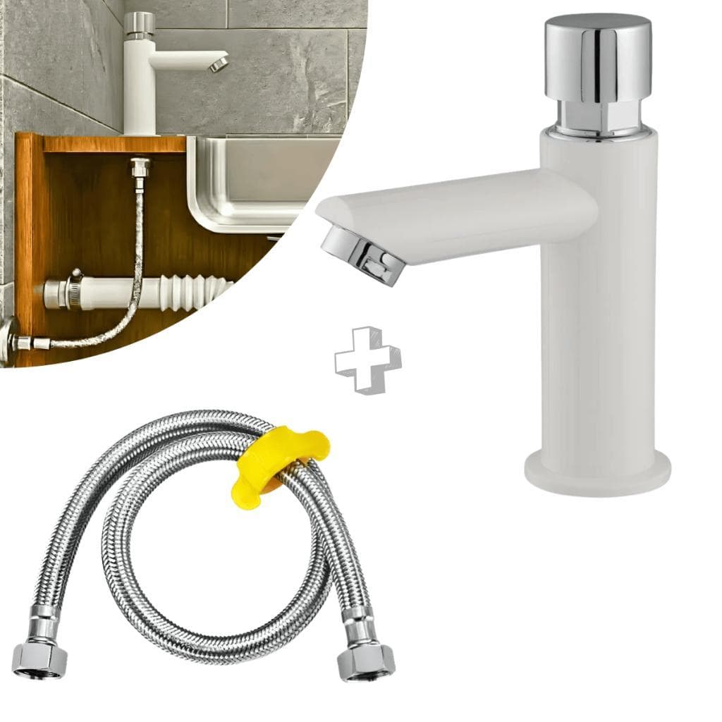 Kit Torneira Automática Branca ABS + Engate Flexível Inox 60cm 1/2 Banheiro Lavatório