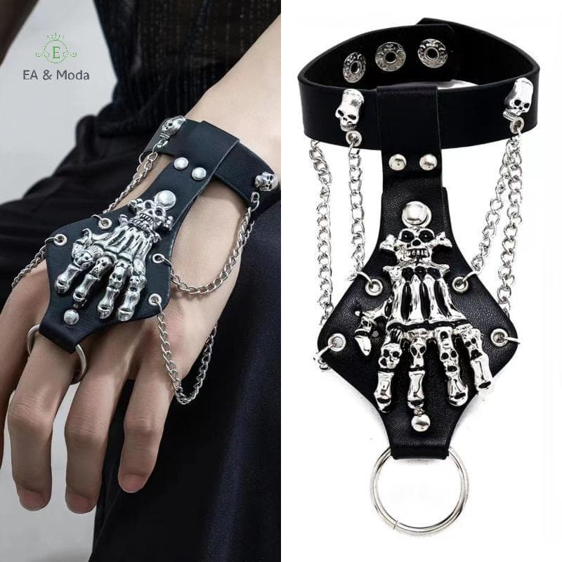 EA & Fashion Anel de Caveira Steampunk, Pulseira de Couro PU, Pulseira Gótica Masculina com Corrente Prateada, Estilo Ro