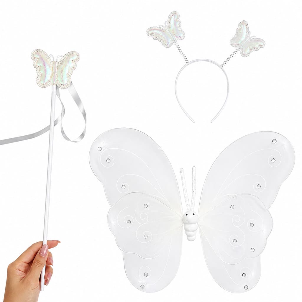 Kit Fantasia Asas de Borboleta com Tiara e Varinha Efeito Iridescente - Branco