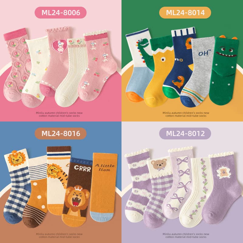 [5 peças] Novo estilo de meias de algodão para meninos e meninas, meias cano médio