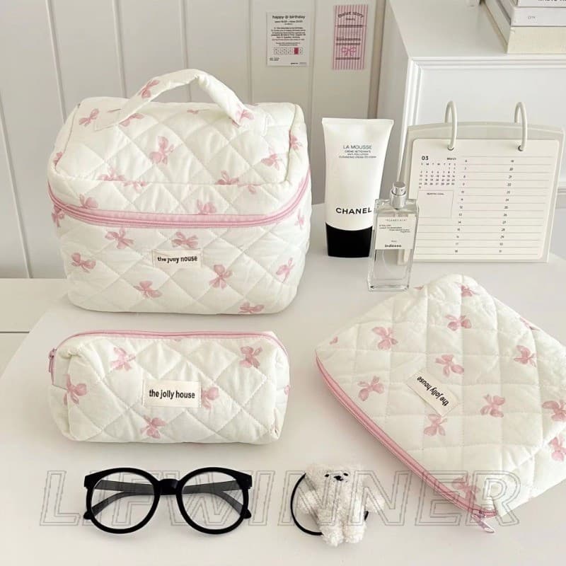 Bolsa Cosmética Com Estampa De Laço Rosa-De Maquiagem De 3 Tamanhos-Grande Capacidade , Portátil-Para Viagens De Meninas