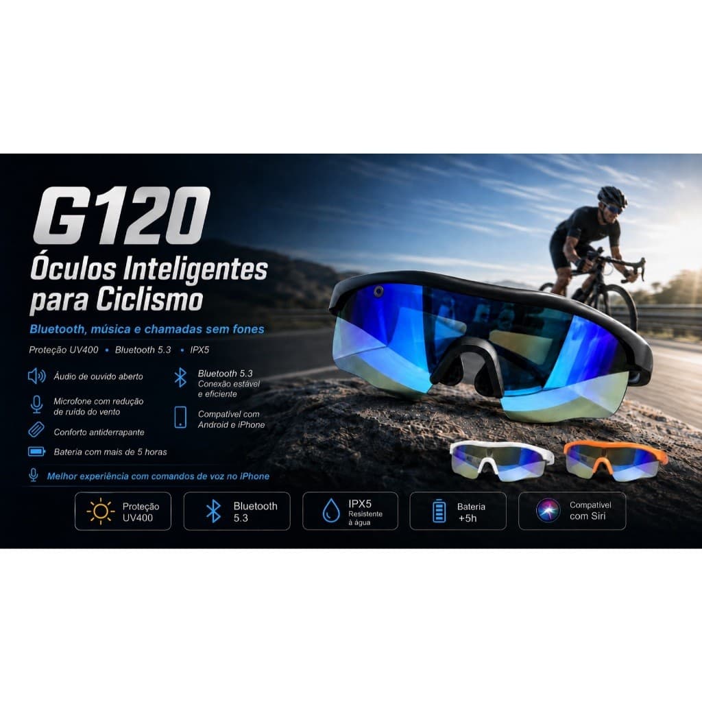 Óculos de Sol Inteligentes G120 para Ciclismo com Bluetooth 5.3, Áudio Aberto, Proteção UV400 e IPX5