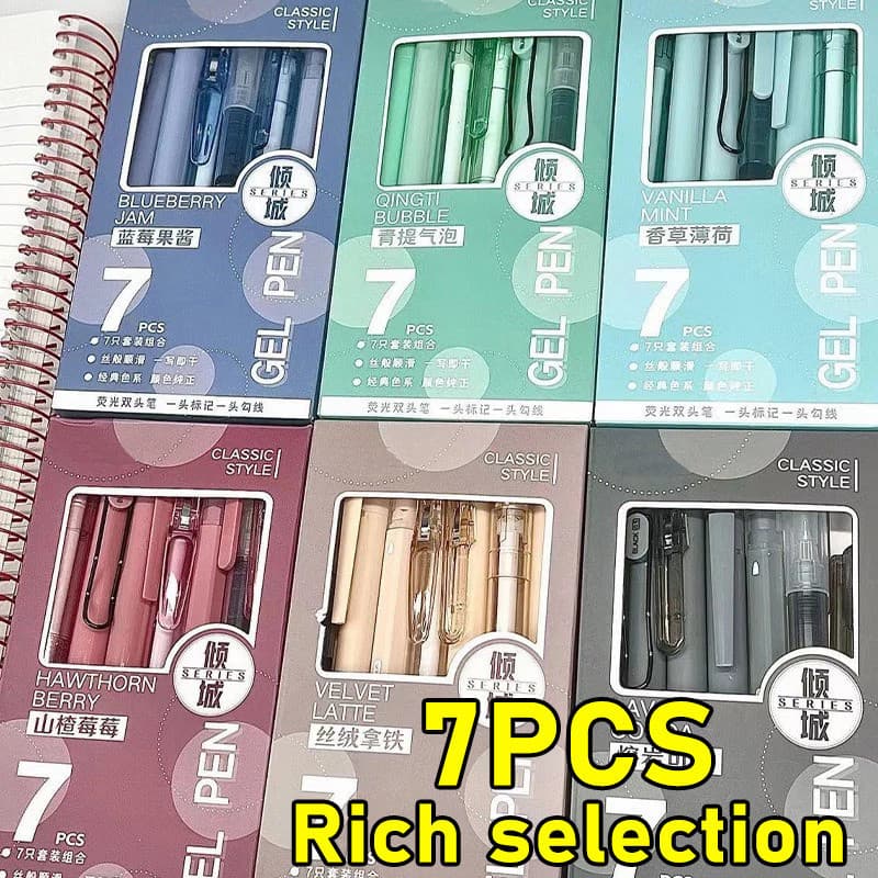 Kit 7 Canetas Gel 0,5mm Tinta Preta Retrátil Ponta Fina Cores Pastel Material Escolar