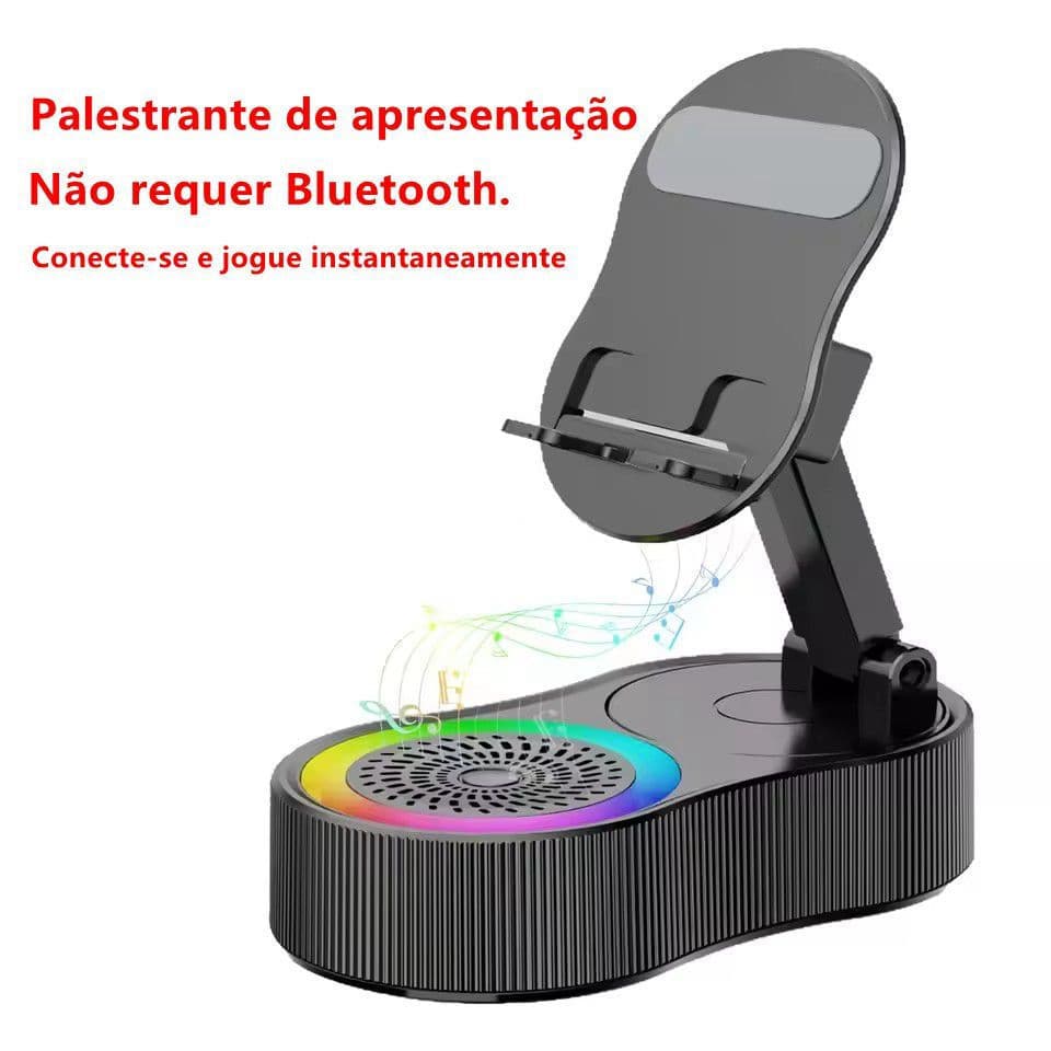 Caixa de Som Portátil Inteligente com Indução, Suporte para Celular, Luz RGB Ajustável, Caixa de Som Bluetooth Sem Fio C
