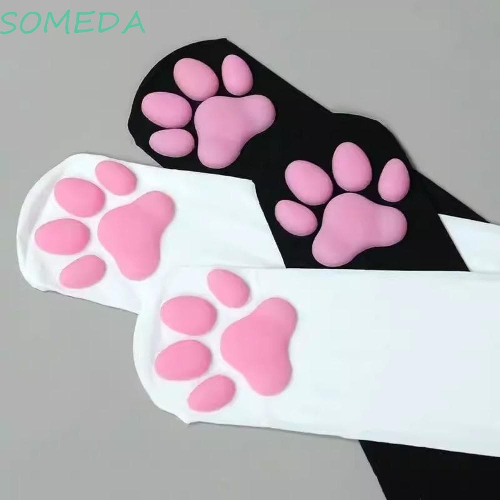 Meias De Garra De Gatinho 3D SOMEDA , Fofas De Veludo Para Gatos , Almofadas Rosa Longas Até A Coxa Lolita JK