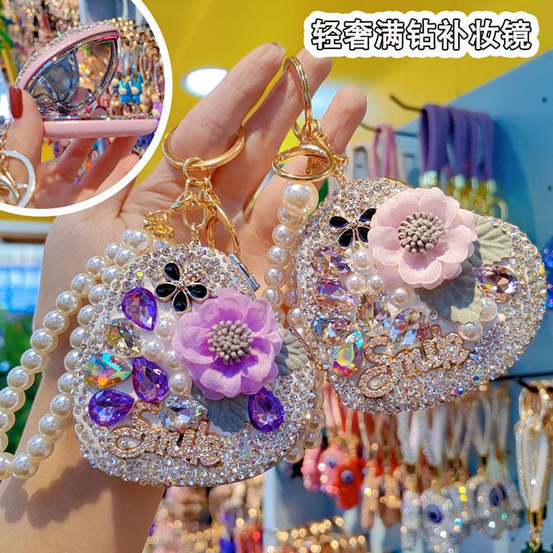 Luz criativa luxo diamante-cravejado coração conveniente espelho de maquiagem espelho de maquiagem moda saco ornamentos