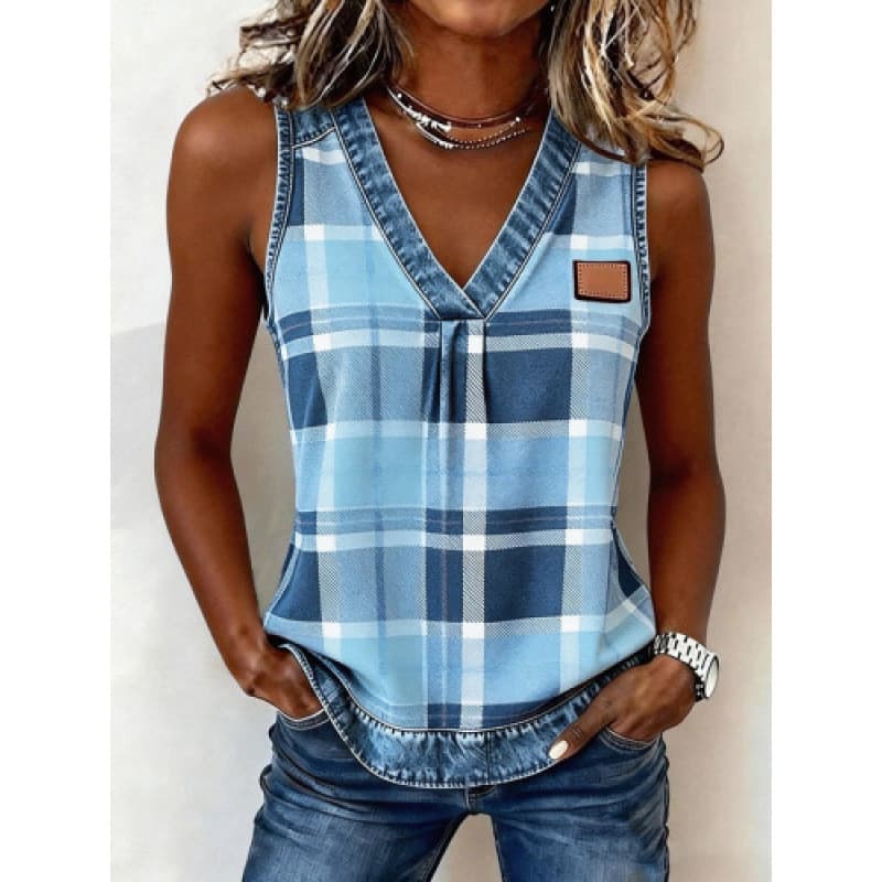 Estilo elegante verificado sem mangas topo feminino com decote em V simples na moda magro-ajuste camisola