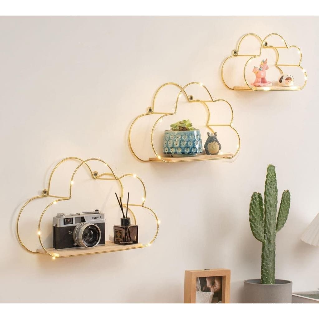 Prateleiras Flutuantes em Forma de Nuvem Dourada com Luzes LED para Decoração de Parede, Prateleiras Montadas na Parede