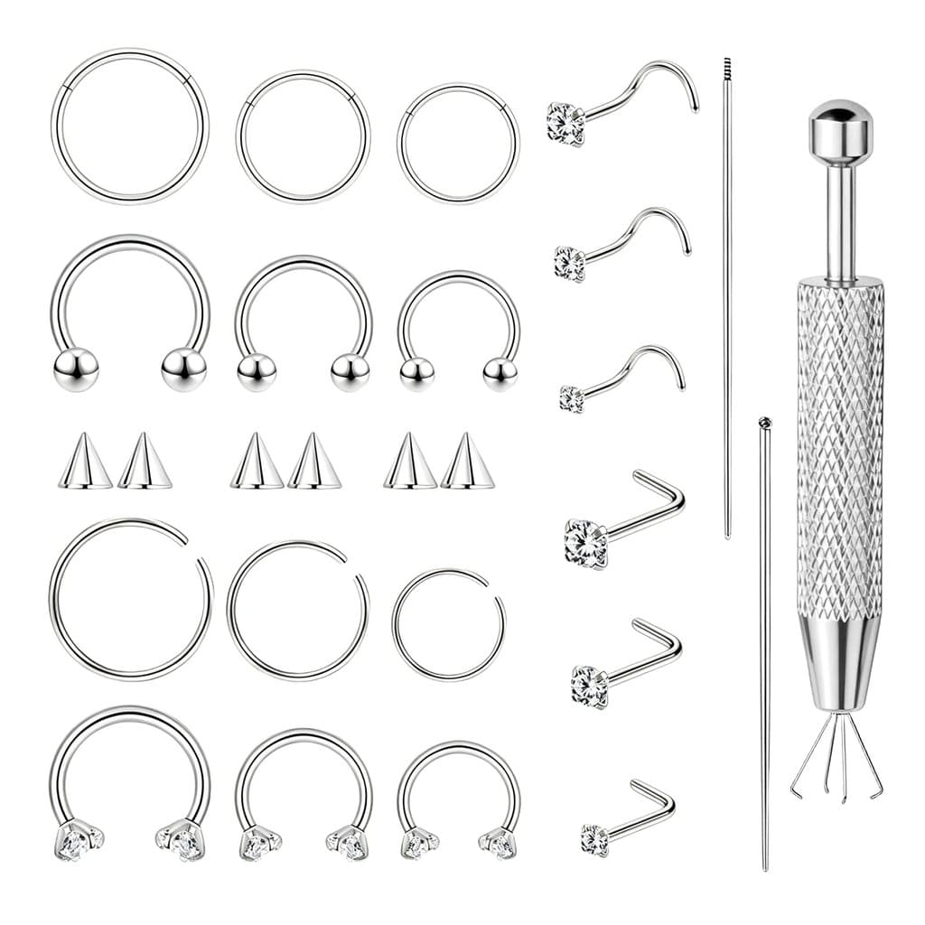 27 peças de argolas para nariz e brincos, argolas para septo nasal em aço inoxidável 16G, com esfera de reposição e ferr
