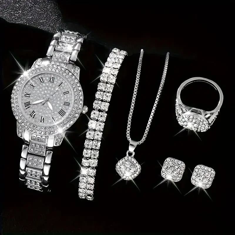Relógio feminino conjunto de cinco peças diamante-conjunto relógio feminino moda feminina relógio de quartzo romano reló