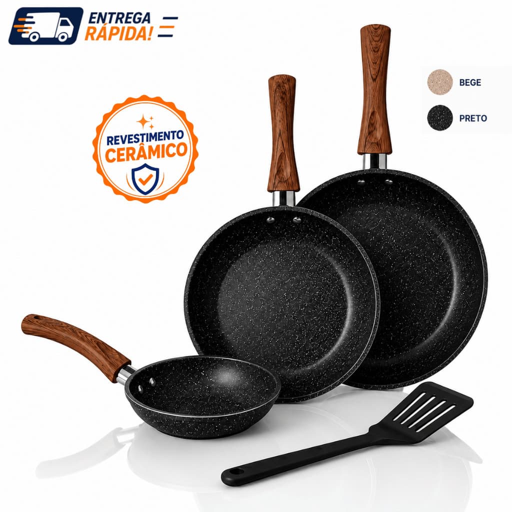 Kit Frigideira Cerâmica Antiaderente 16cm 20cm 24cm Preta Bege Fogão Indução Gás Não Gruda Premium