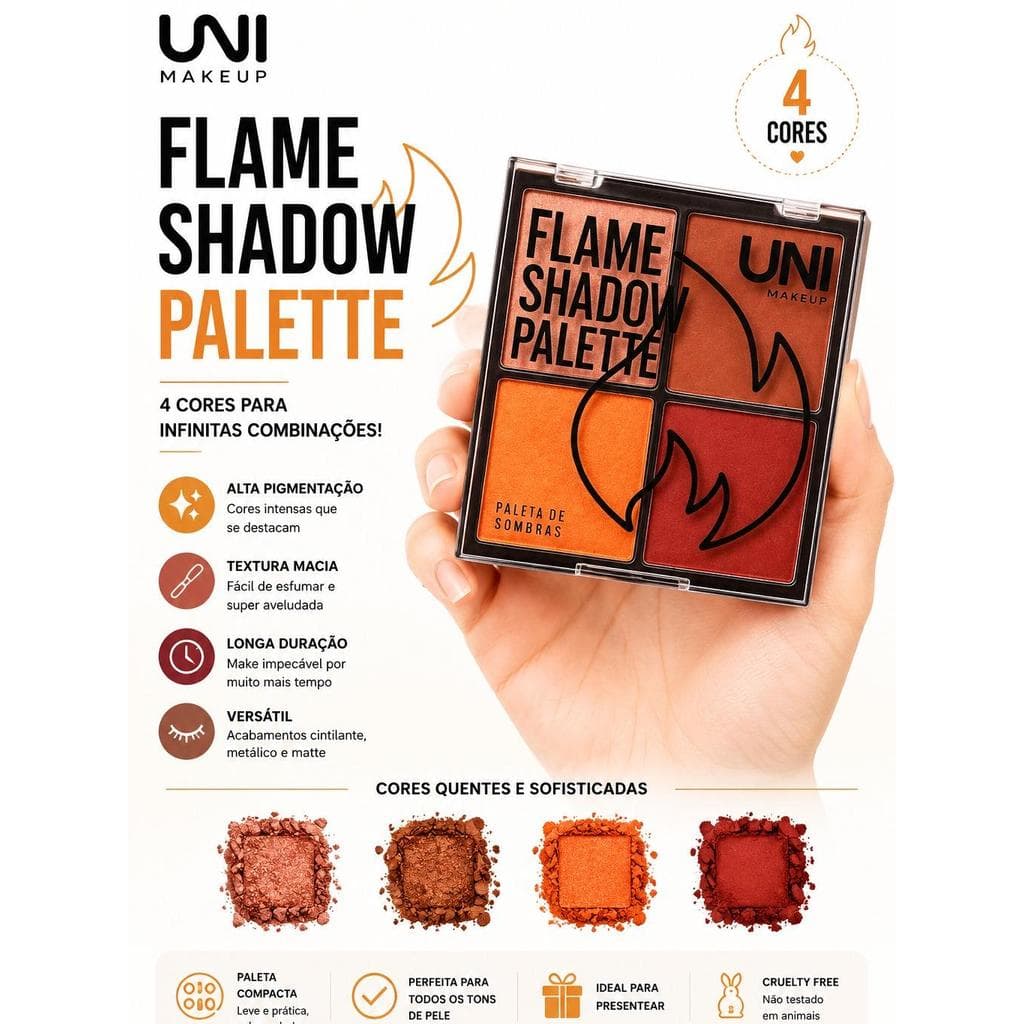 Uni Makeup Paleta Sombras Flame Shadow 04 Cores Alta Pigmentação Intensas e Sofisticadas para Looks Neutros e Vibrantes
