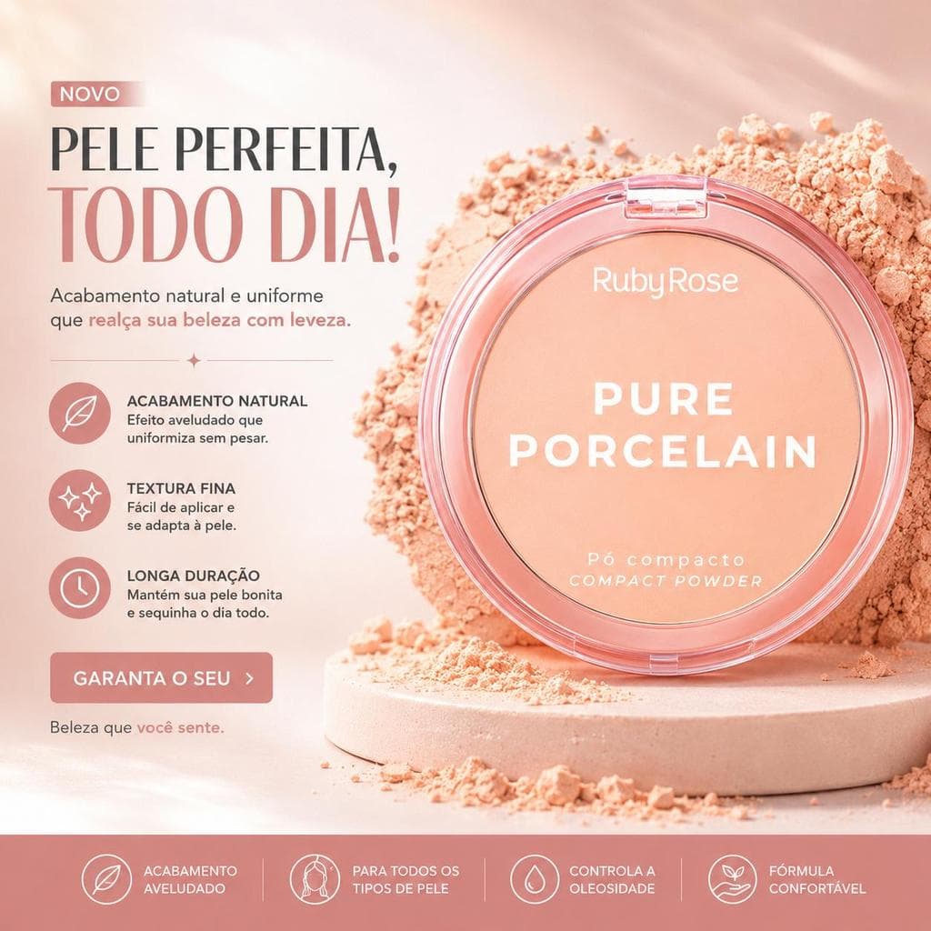Ruby Rose Po Compacto P10 Hbm4011 Pure Porcelain Cobertura Leve Natural Controla Oleosidade Aveludado