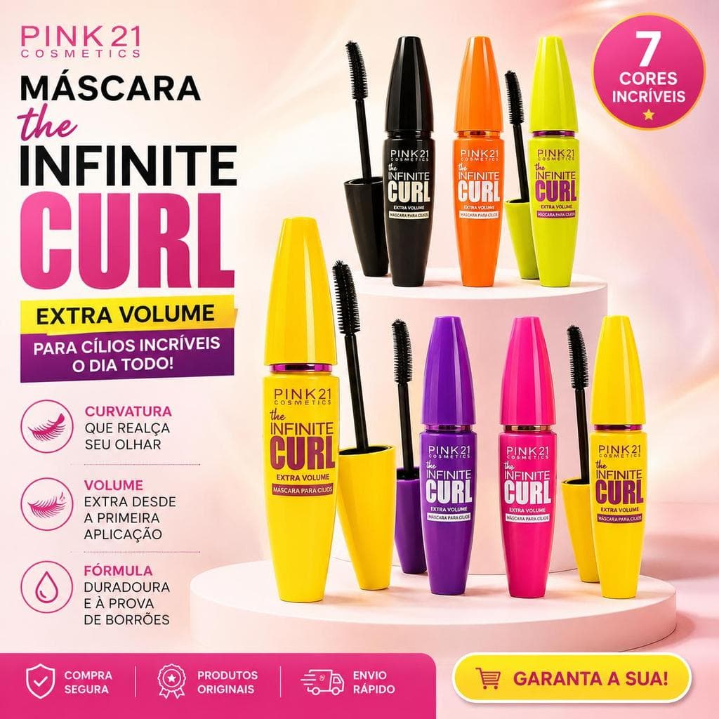Pink 21 Máscara de Cílios The Infinite Curl –Cosmetics para Cílios Curvados Longos e Volumosos com Aplicador Anatômico