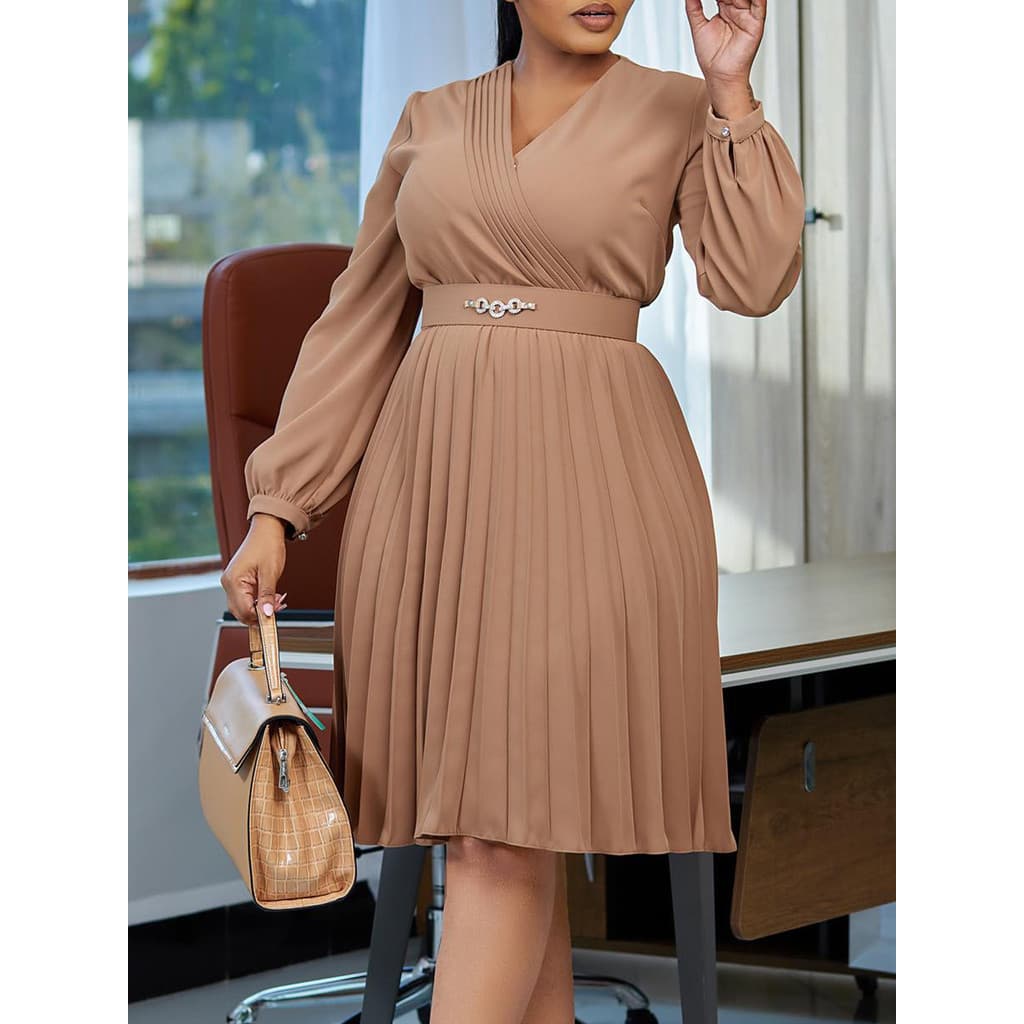 [Entrega no mesmo dia] Vestido de manga comprida com decote em V de cor sólida elegante Slim Fit primavera outono saia l