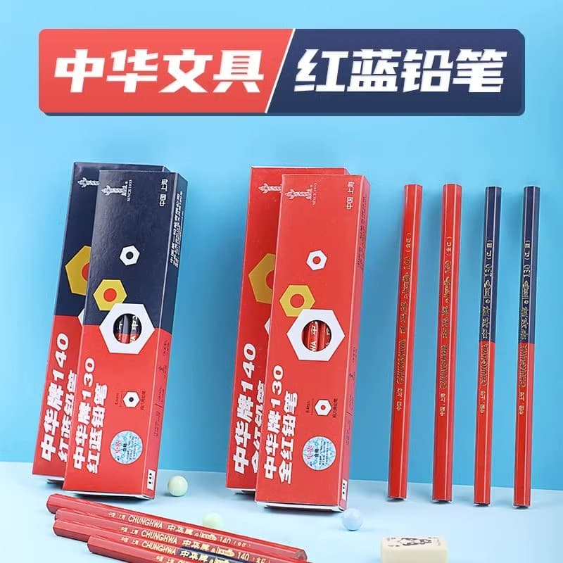 Zhonghua Marca 140 Bold Vermelho Azul Lápis de duas cores Haste redonda médica de duas cabeças Hexagonal Base de enferme