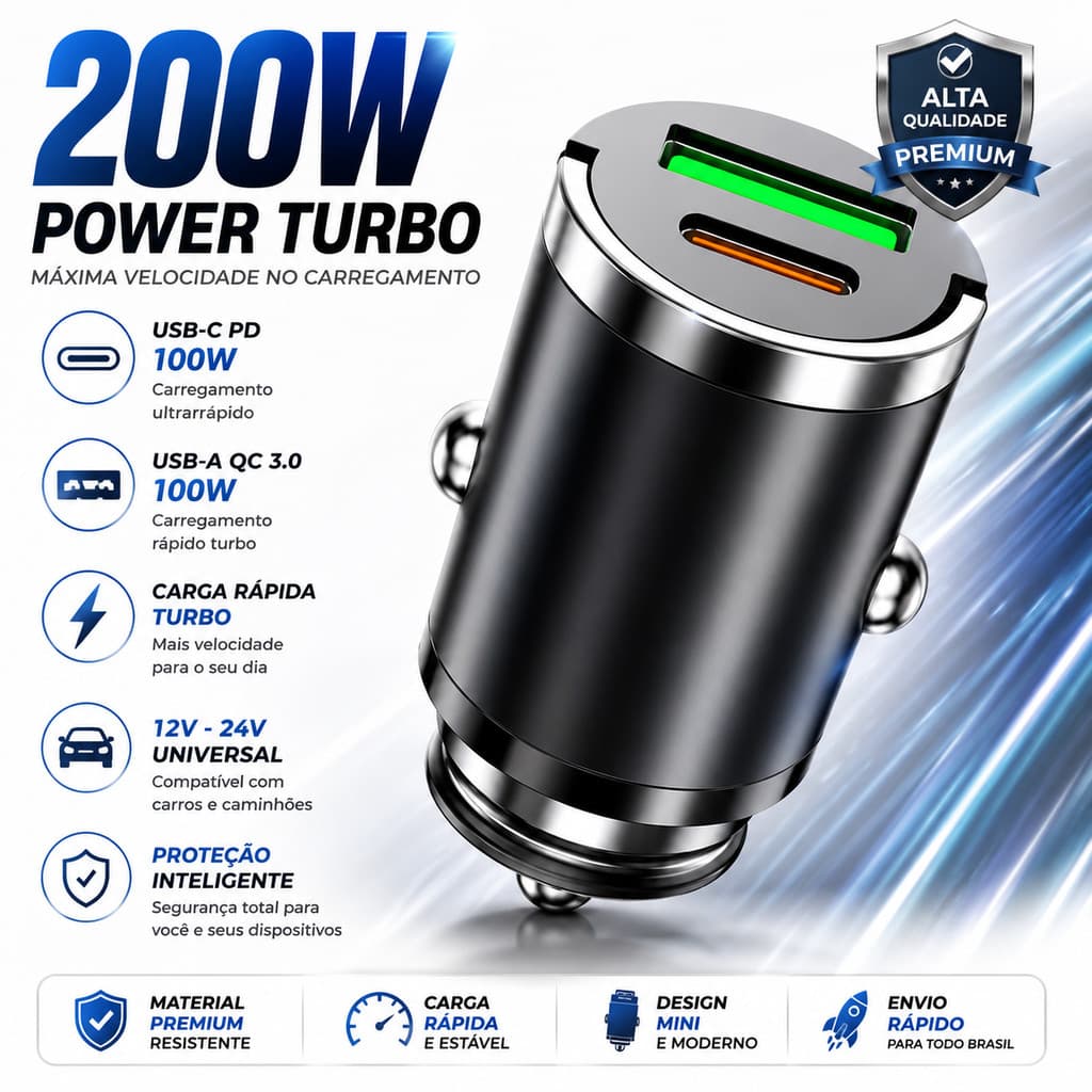 Carregador Veicular Turbo Mini 200W USB C PD QC 3.0 Carga Rápida Universal Carro Fonte 12V 24V Top