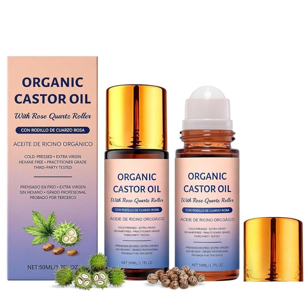 Óleo de Rícino Orgânico Roll-On, 100% Prensado a Frio, Óleo de Rícino com Rolador de Quartzo Rosa, Hidratação para Rosto