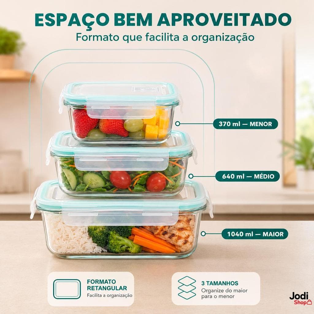 Kit com 3 Potes Herméticos de Vidro com Tampas, Travas e Válvula