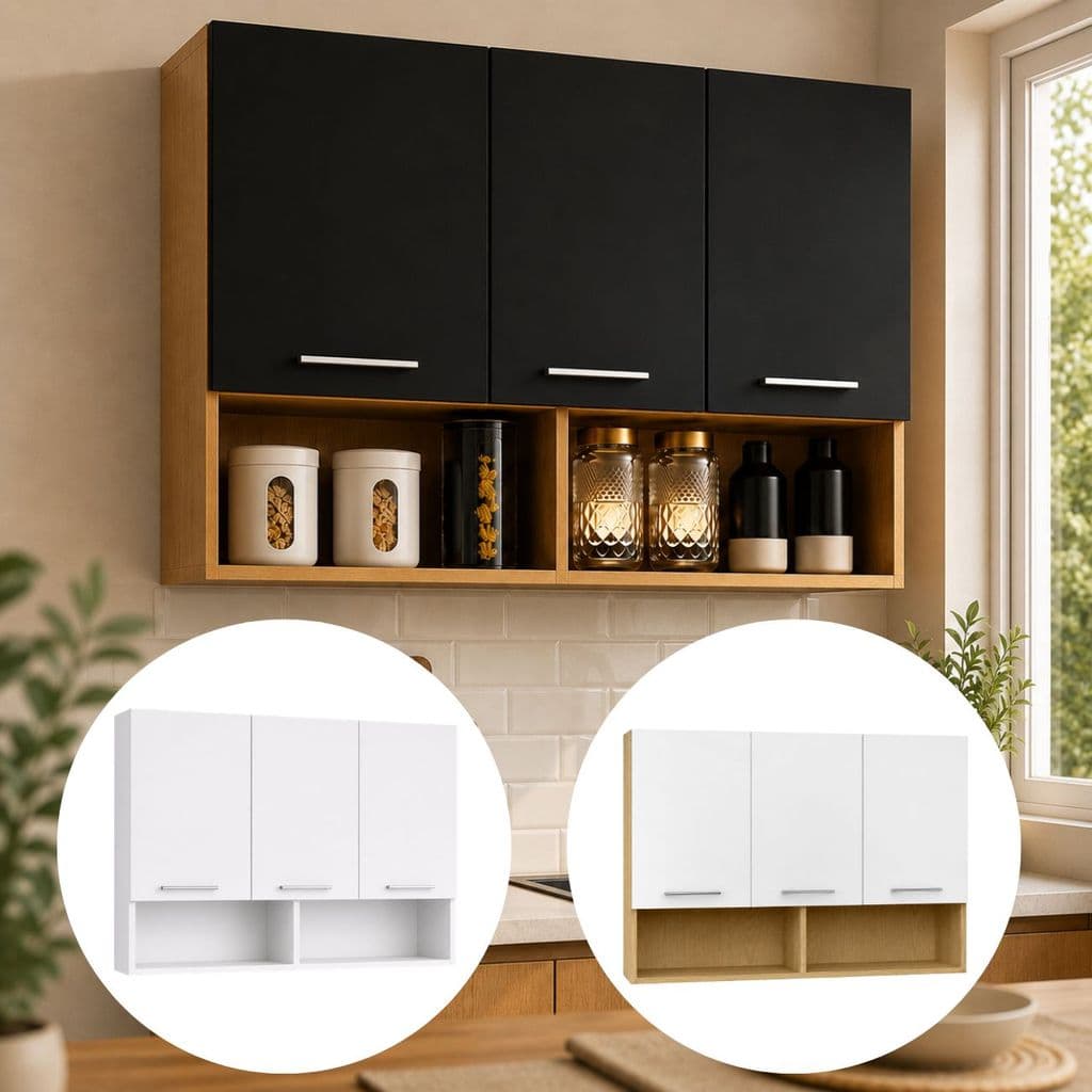 Armário Aéreo Itália 3 Portas com Nichos Decorativos Cozinha