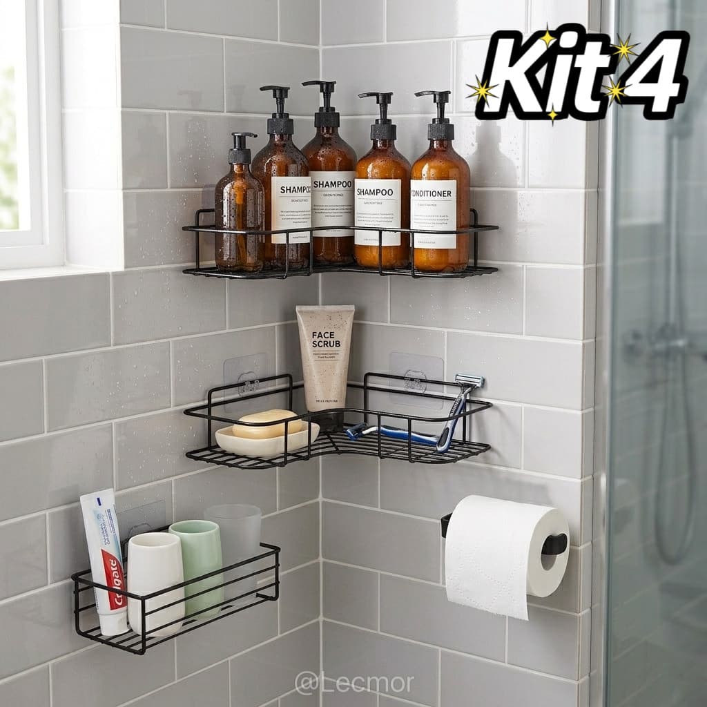 Kit 4 Organizadores De Banheiro Sem Furo Prateleira De Canto Porta Shampoo E Papel Higiênico Adesivo