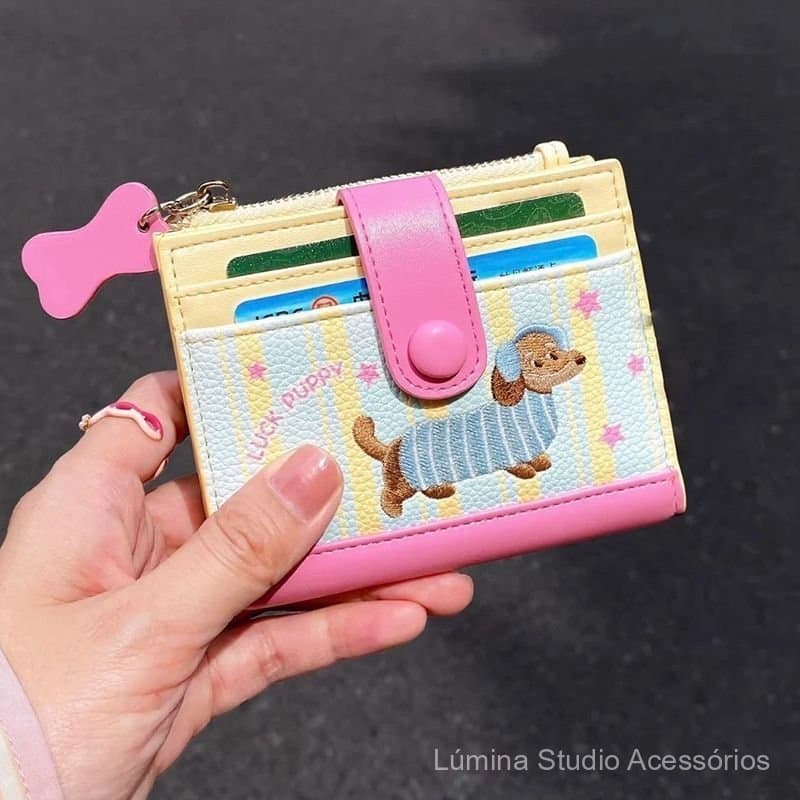 Novo porta-cartões de cachorrinho fofo em estilo cartoon, carteira pequena dobrável para mulheres, versão coreana para e