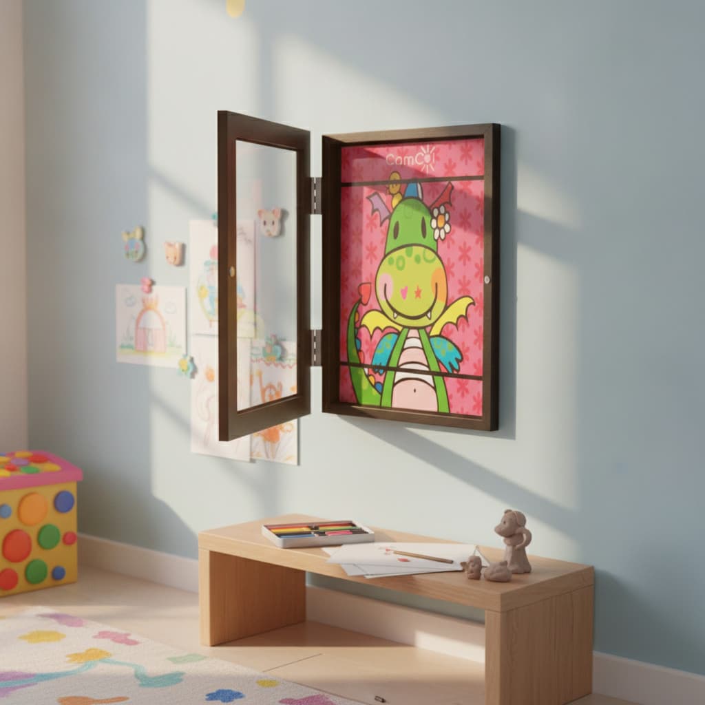 Quadro Expositor Preto de Desenhos Infantil com Armazenamento de Artes e Troca Fácil