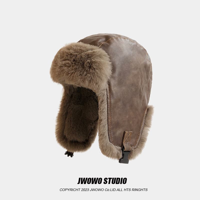 Merad chapéu masculino para motocicleta ao ar livre Lei Feng, retrô, inverno, engrossado, pele PU, pelúcia, proteção par