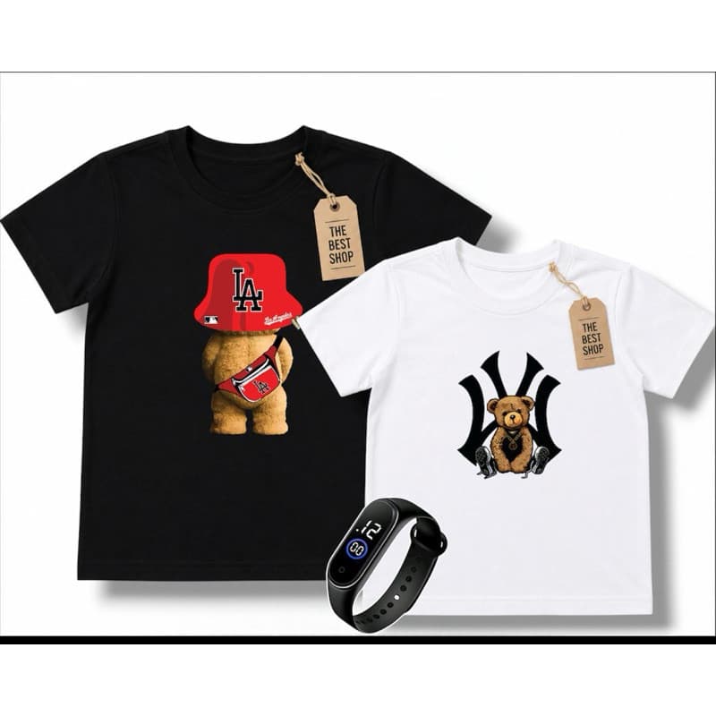 kit 2 Camisetas  100% Algodão Infantil e adulto Masculina + relógio digital prova d’água envio rápido estampa N-Y