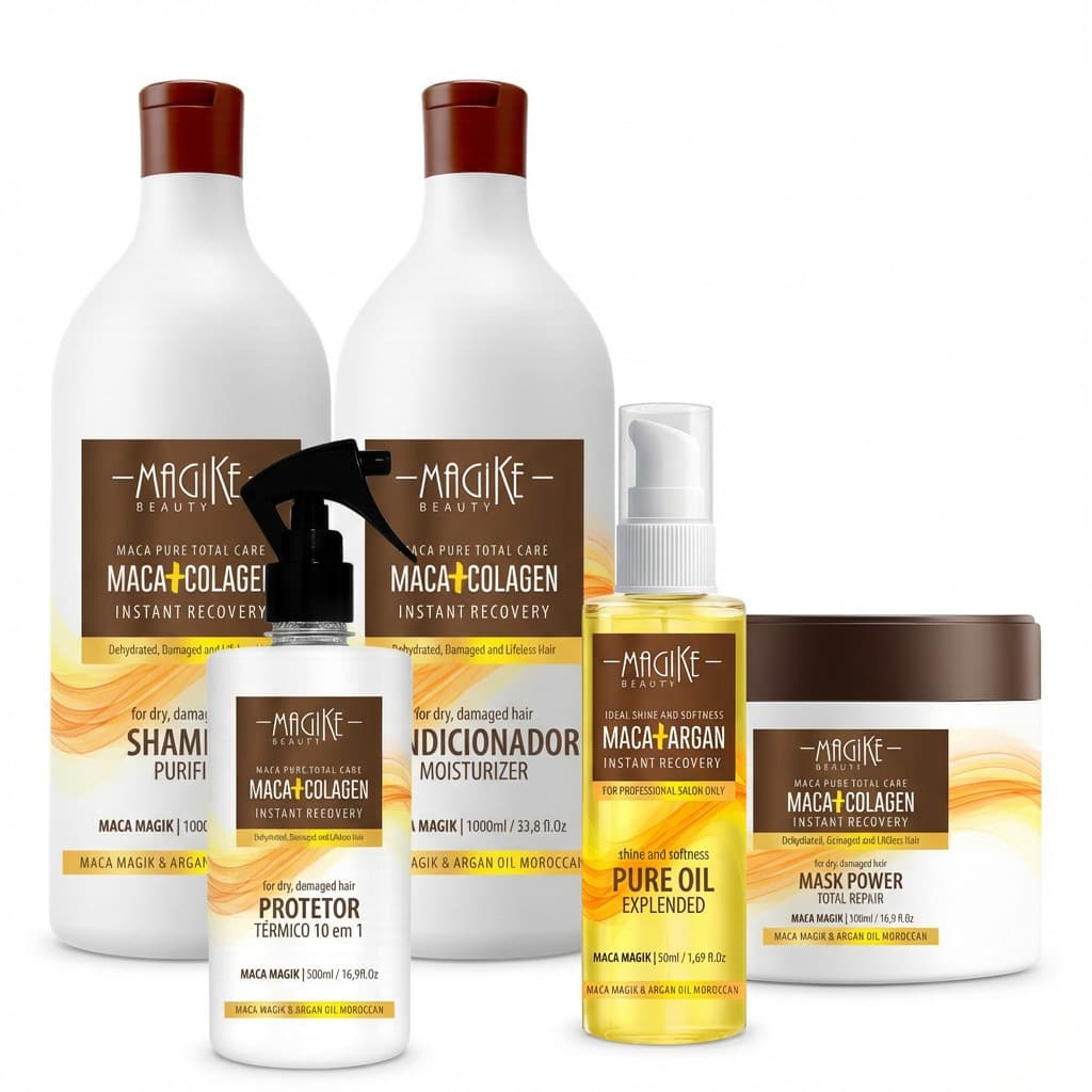 Super Kit Shampoo + Condicionador 1l + Mascara Maca Collagen 500ml + Protetor Térmico 500ml + Óleo de Argan 50ml Magike