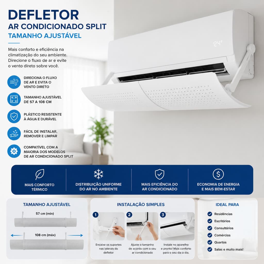 Defletor Ar Condicionado Split Tamanho Ajustável 57 A 108cm