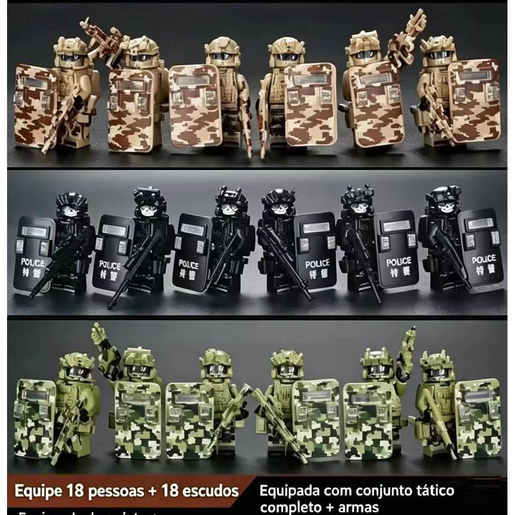 Compatível com bonecos modelo militar Lego, vários esquadrãos táticos, incluindo bonecas 6/12/18, equipados com escudos