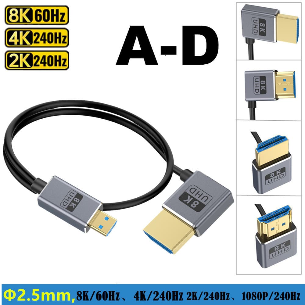 Cabo Coaxial Micro HDMI para HDMI 2.1 | Cotovelo de 90 graus | 8K a 60 Hz | 2.5mm Ultrafino | Monitor de conexão GoPro/M