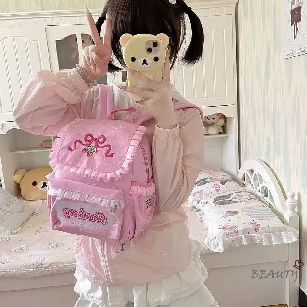 Mochila Macia Bordada De Morango Para Meninas – Linda Bolsa Escolar De Renda Estudantes