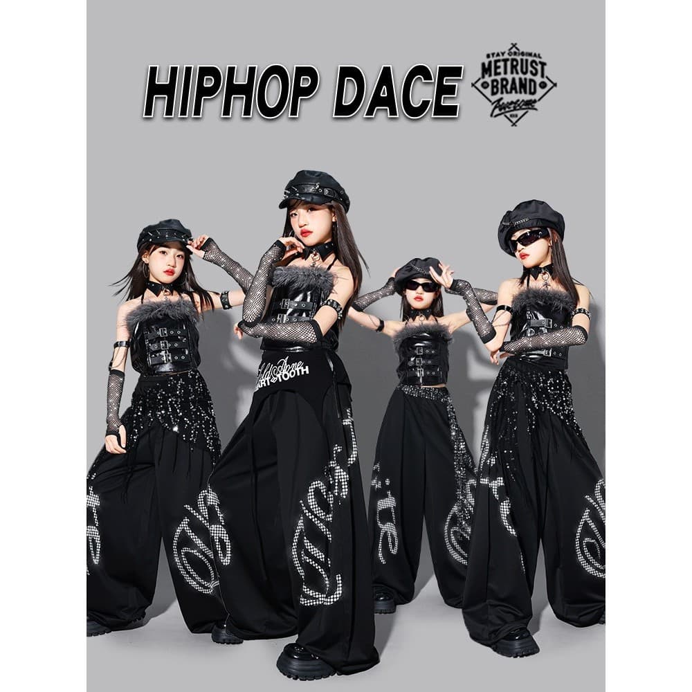 Meninas preto brilhante couro jazz dança traje crianças jazz colete terno crianças dança de rua desempenho traje calças