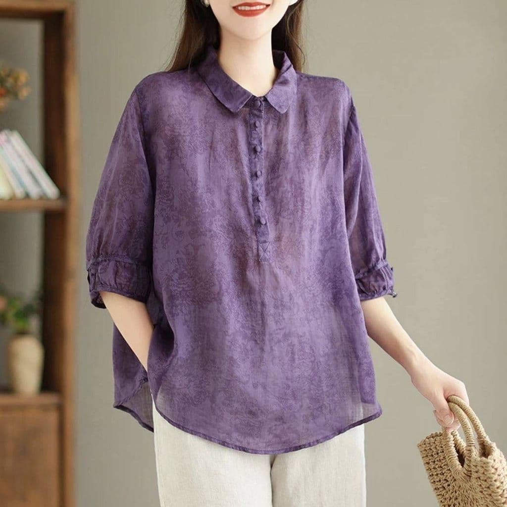 Moda Jacquard lapela camisa estilo ocidental Retro senhoras camisa de manga média mais magro olhar carne-cobrindo camisa