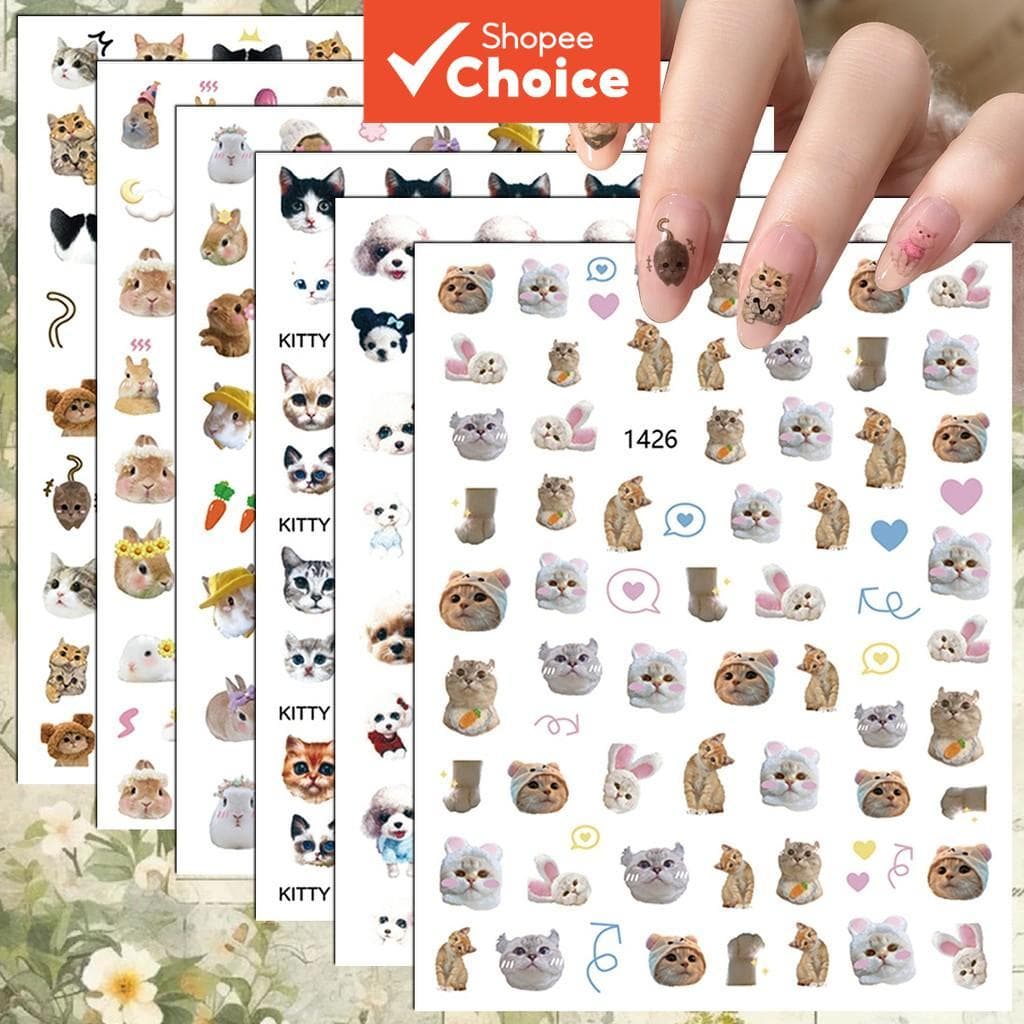 3/6/12 folhas Adesivos de Unhas 3D de Animais Fofos Gato Coelho Cachorro Decorações Autocolantes Kawaii美甲