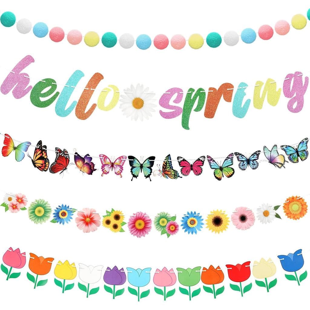 5 Peças de Decorações de Guirlanda de Primavera, Faixa "Olá Primavera", Guirlandas de Bolas de Feltro com Pompons, Decor