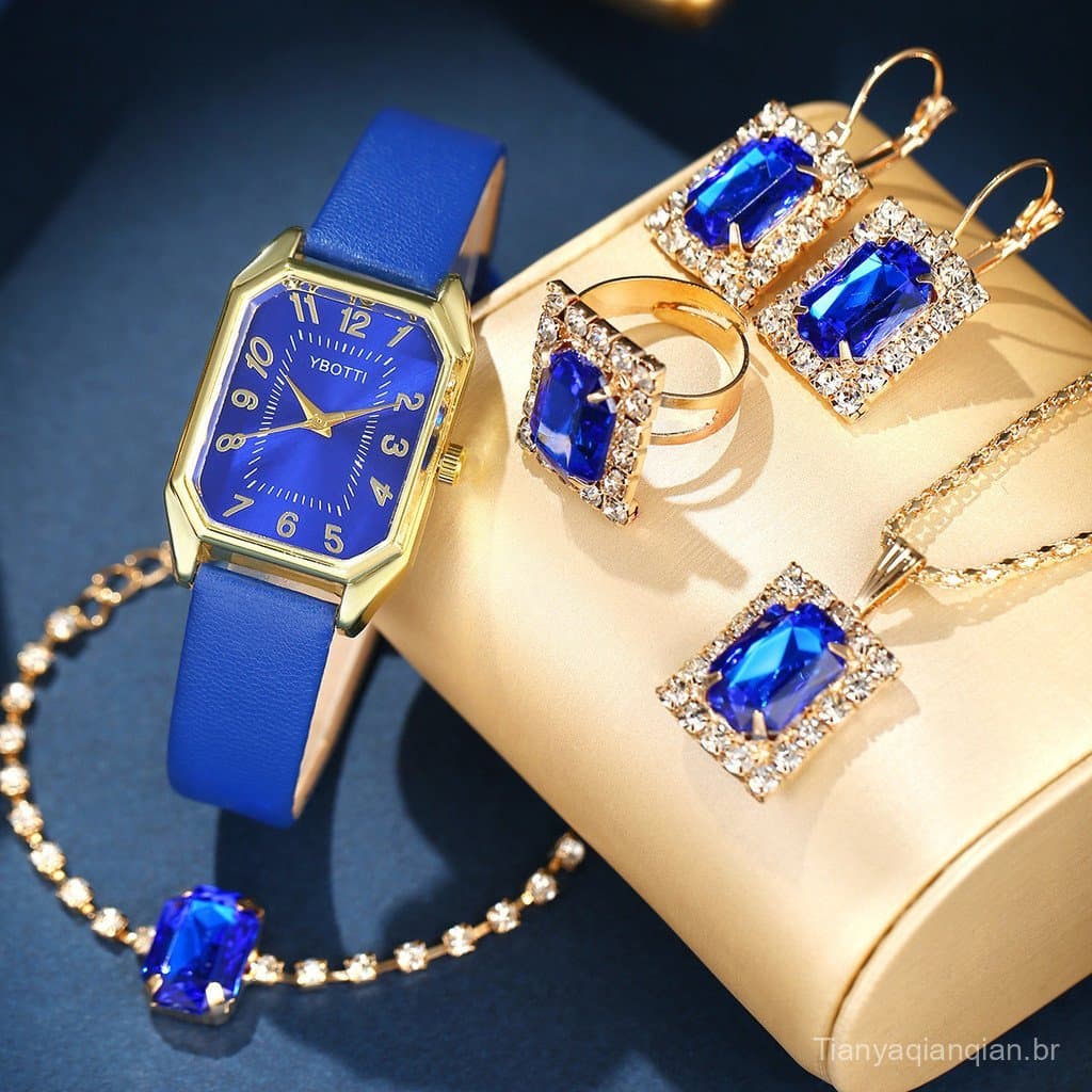 Novo relógio de quartzo quadrado feminino de couro, estilo casual e elegante, com conjunto de joias de strass.