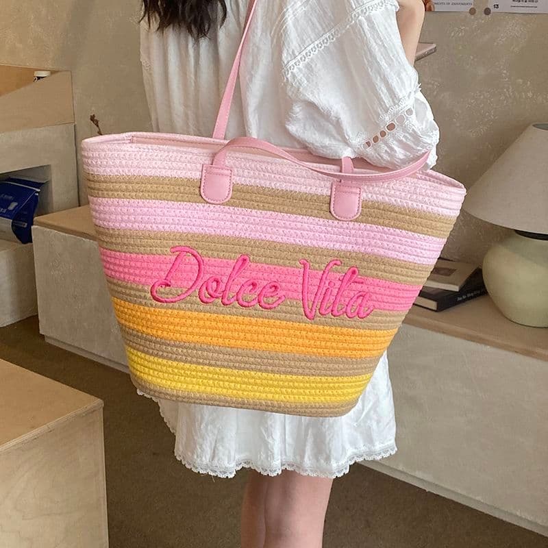 Sacola de tecido feminino 2026 novo estilo grande capacidade lazer férias estilo praia bolsa cesta vegetal saco palha
