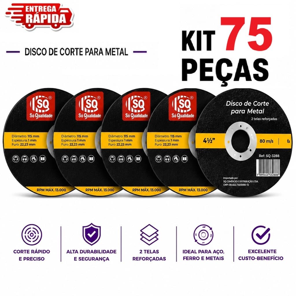 75 peças Disco de Corte 4.1/2 Metal Aço Carbono/Inox 115mm