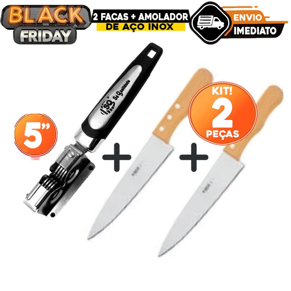 kit 2 facas de cozinha 5 aço inox + 1 amolador profissional