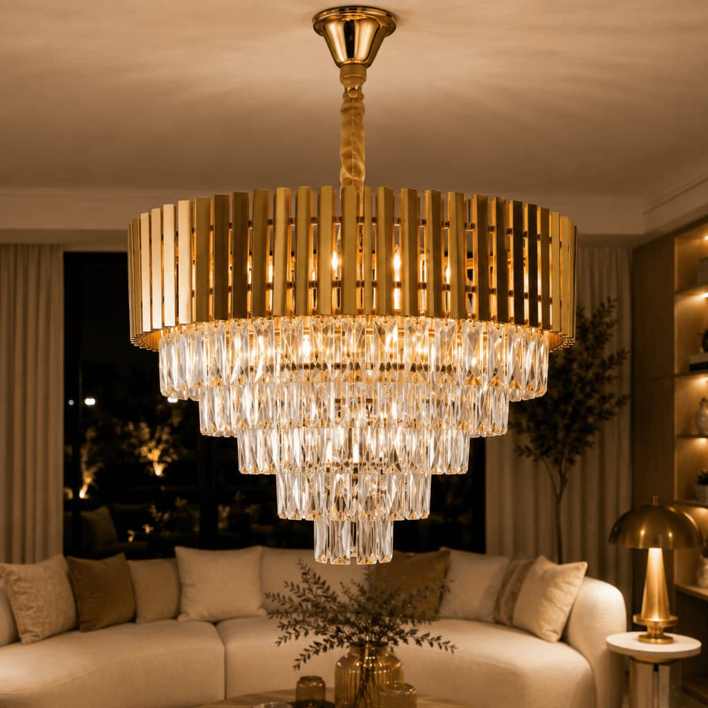 Lustre Pendente De Cristal K9 Dourado Redondo Diâmetro 50cm Sala Loja Hall Hotel