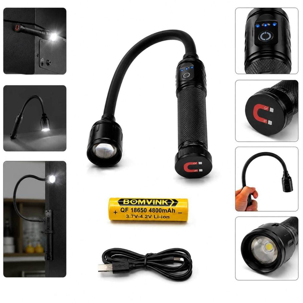 Lanterna Flexível Magnética Recarregável LED 430 Lúmens Base Magnética Zoom Ajustável