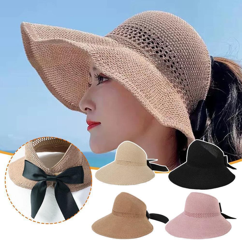 Chapéu de sol feminino estilo coreano com laço elegante, chapéu de praia dobrável com topo aberto, chapéu versátil J0d7