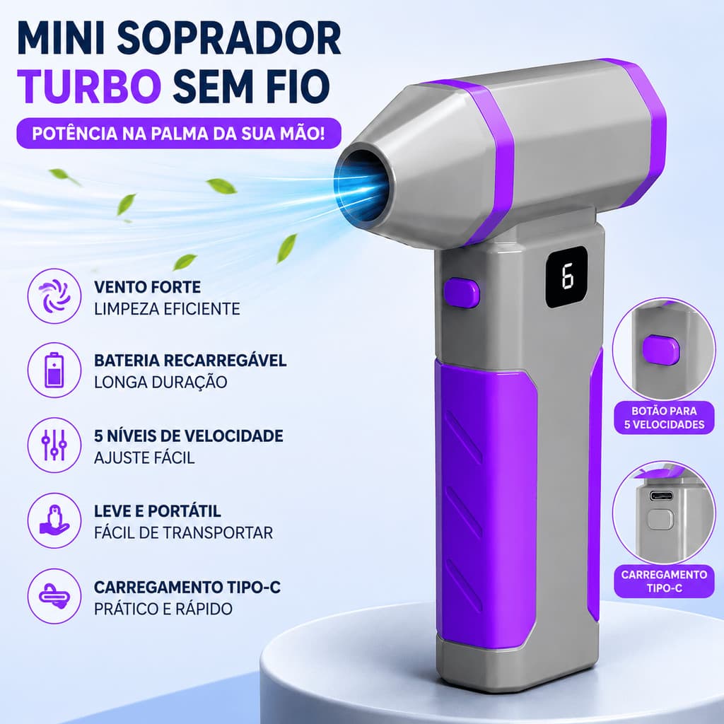 Mini Soprador de Ar Turbo Sem Fio Recarregável Alta Potência Alta Velocidade Portátil